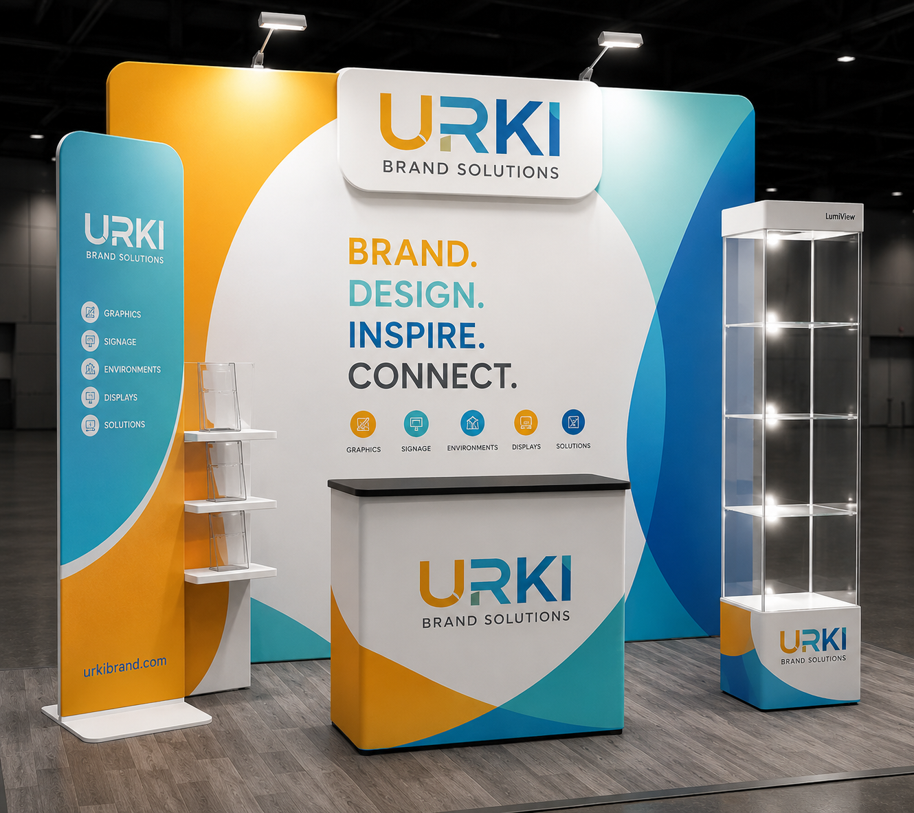 10x10 trade show booth with tension-fabric backdrop and counter