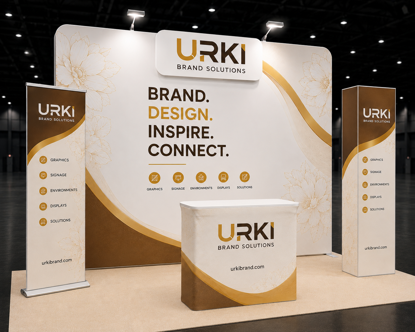 10ft trade show booth with a gold floral backdrop, counter, and podiums