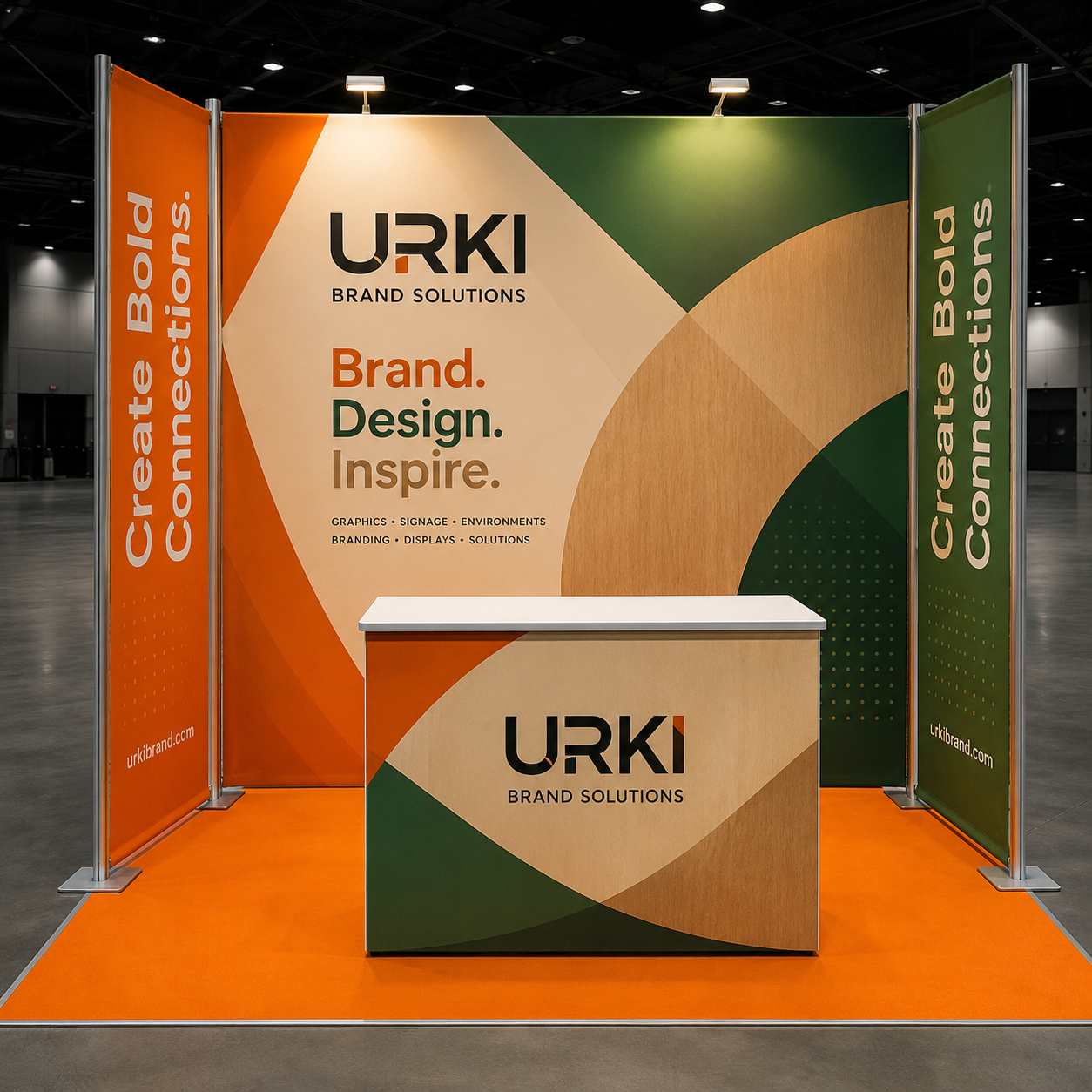 10x10 trade show booth with tension-fabric backdrop in orange, green, and brown