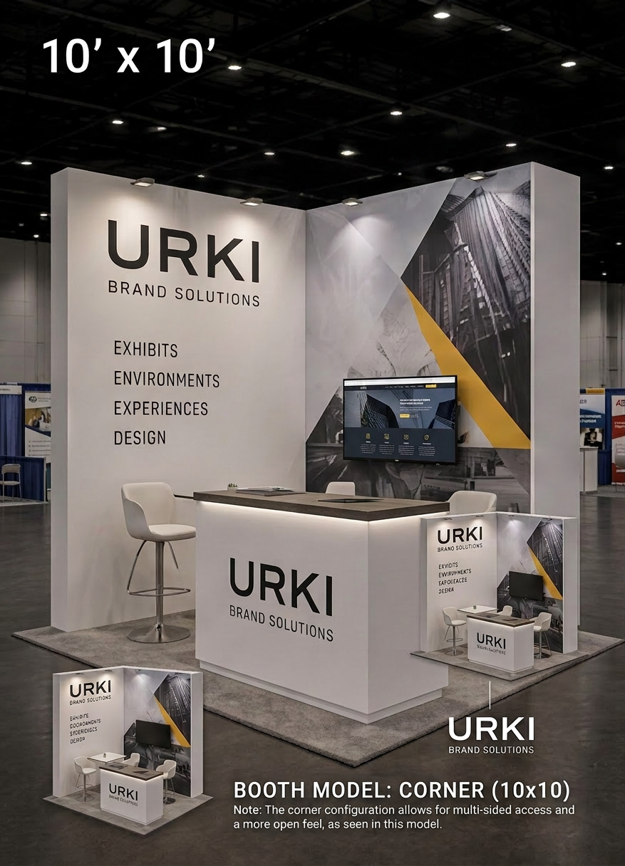 Corner trade show booth, 10' x 10', clean white finish