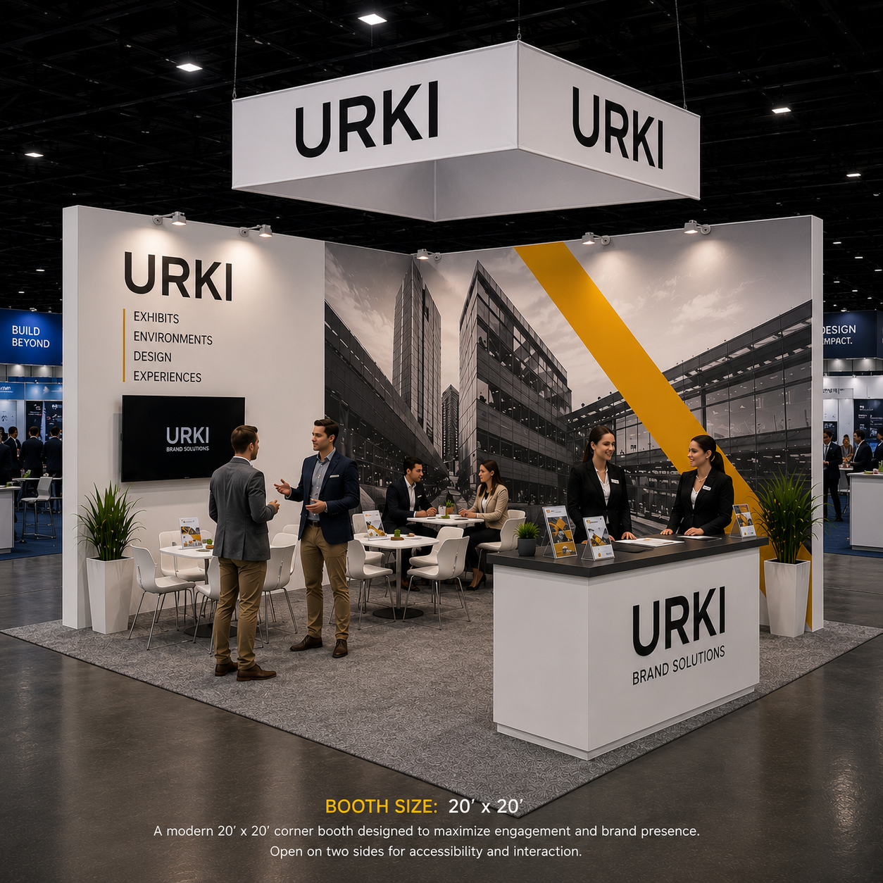 Corner trade show booth, 20' x 20'