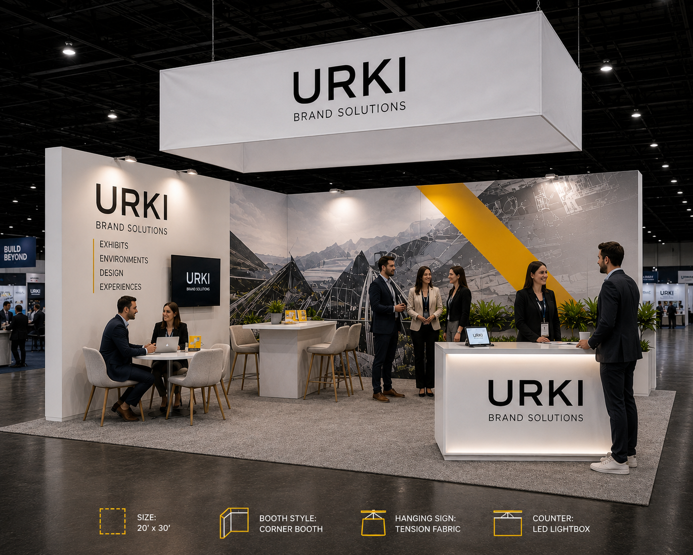 Corner trade show booth, 20' x 30'