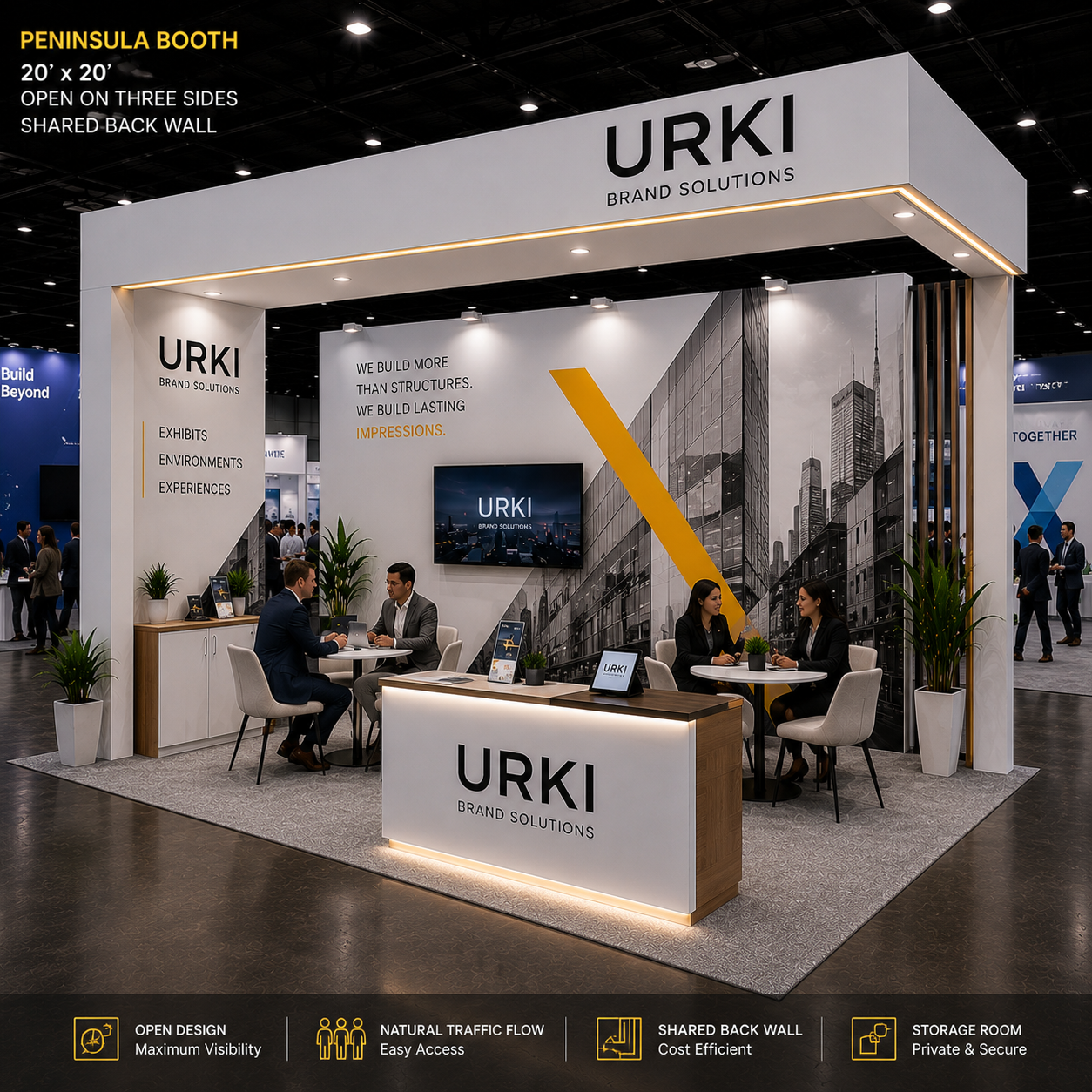 Peninsula trade show booth with feature wall, 20' x 20'