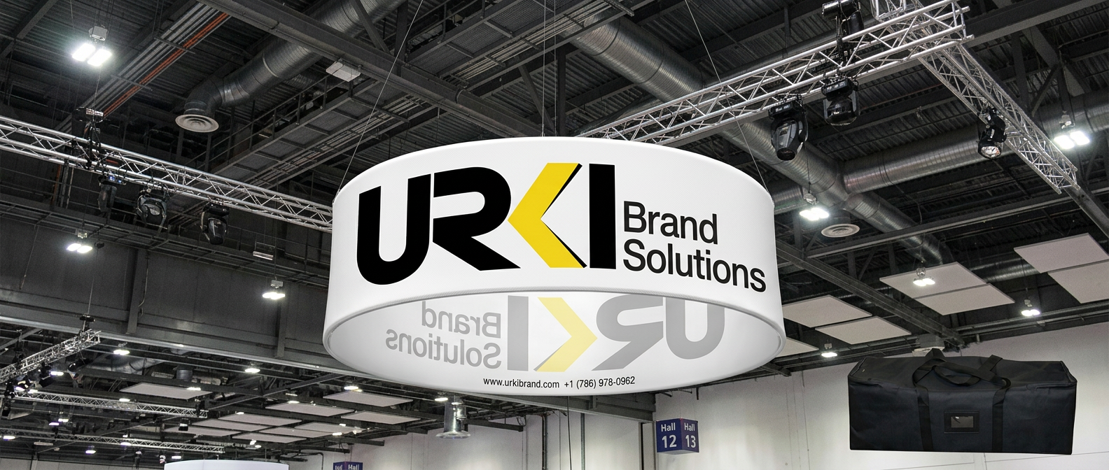 Circular hanging fabric trade show sign, 5' x 5' x 2.5'