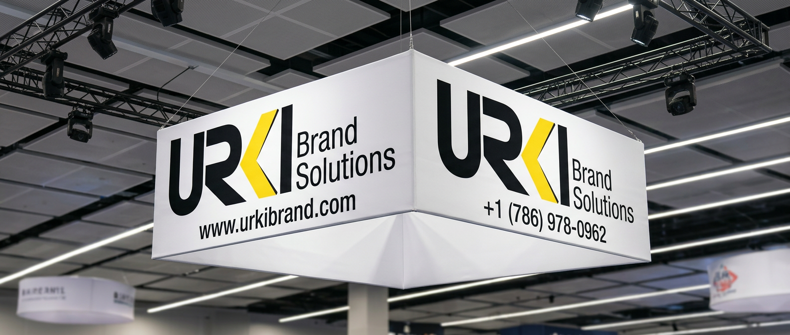 Square hanging fabric trade show sign, 8' x 8' x 3.5'