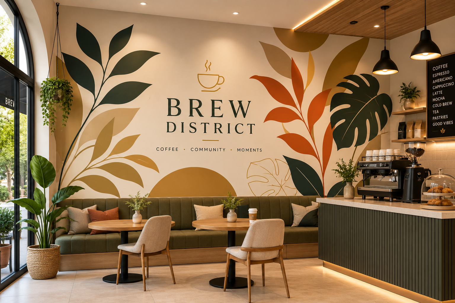 Boutique café with a full-wall custom vinyl mural