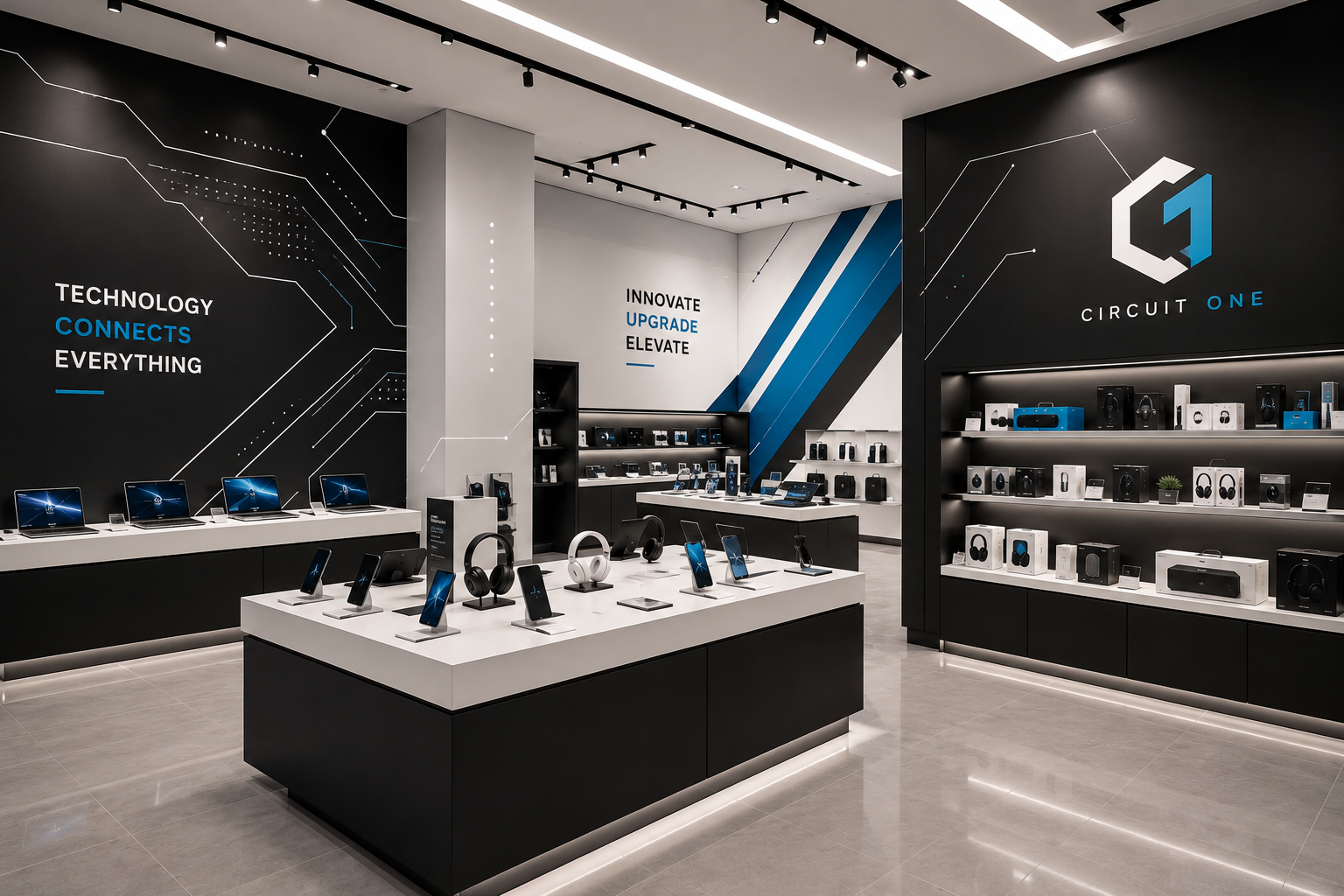 Electronics showroom with floor-to-ceiling vinyl graphics