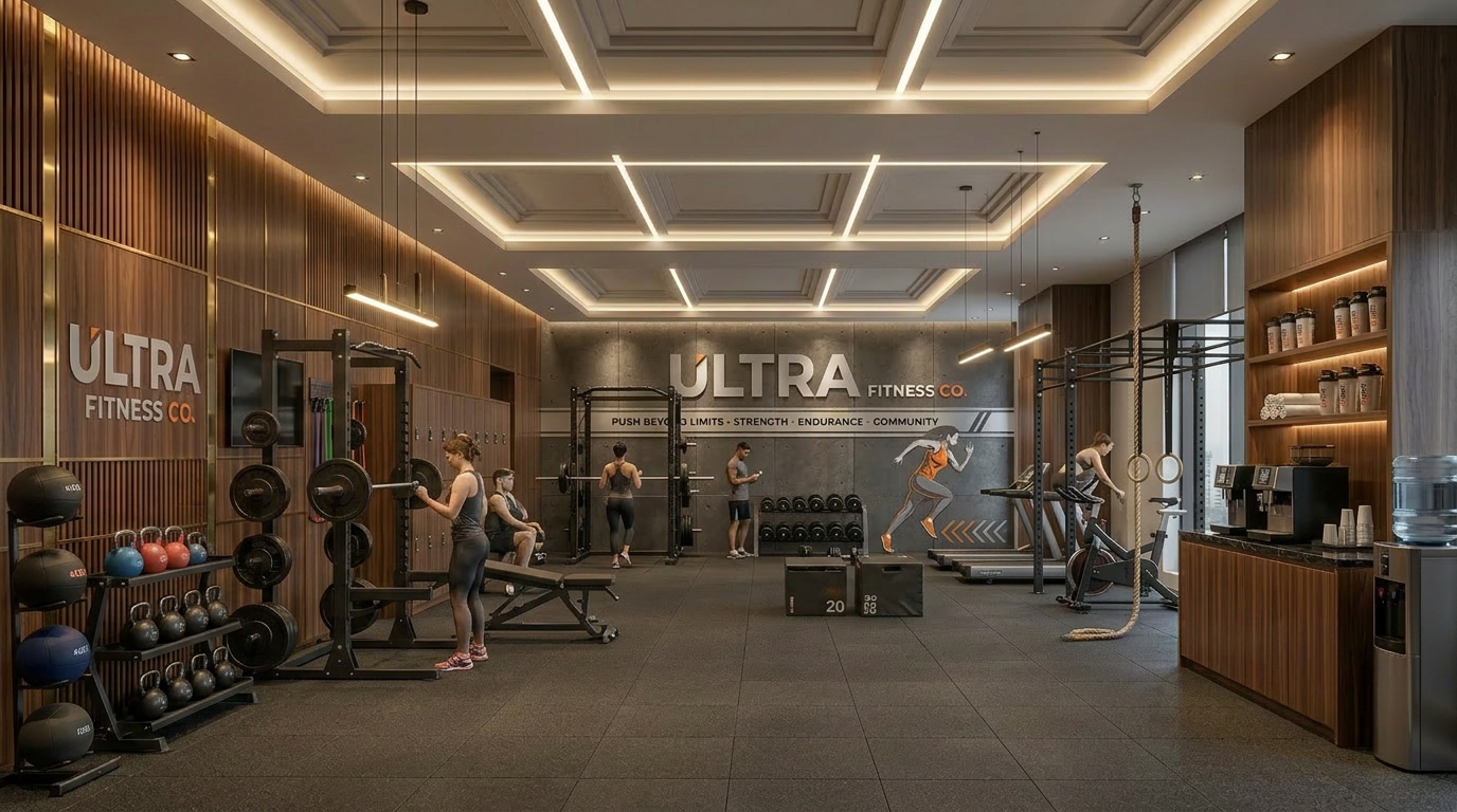 Gym interior branded with vinyl wraps and signage