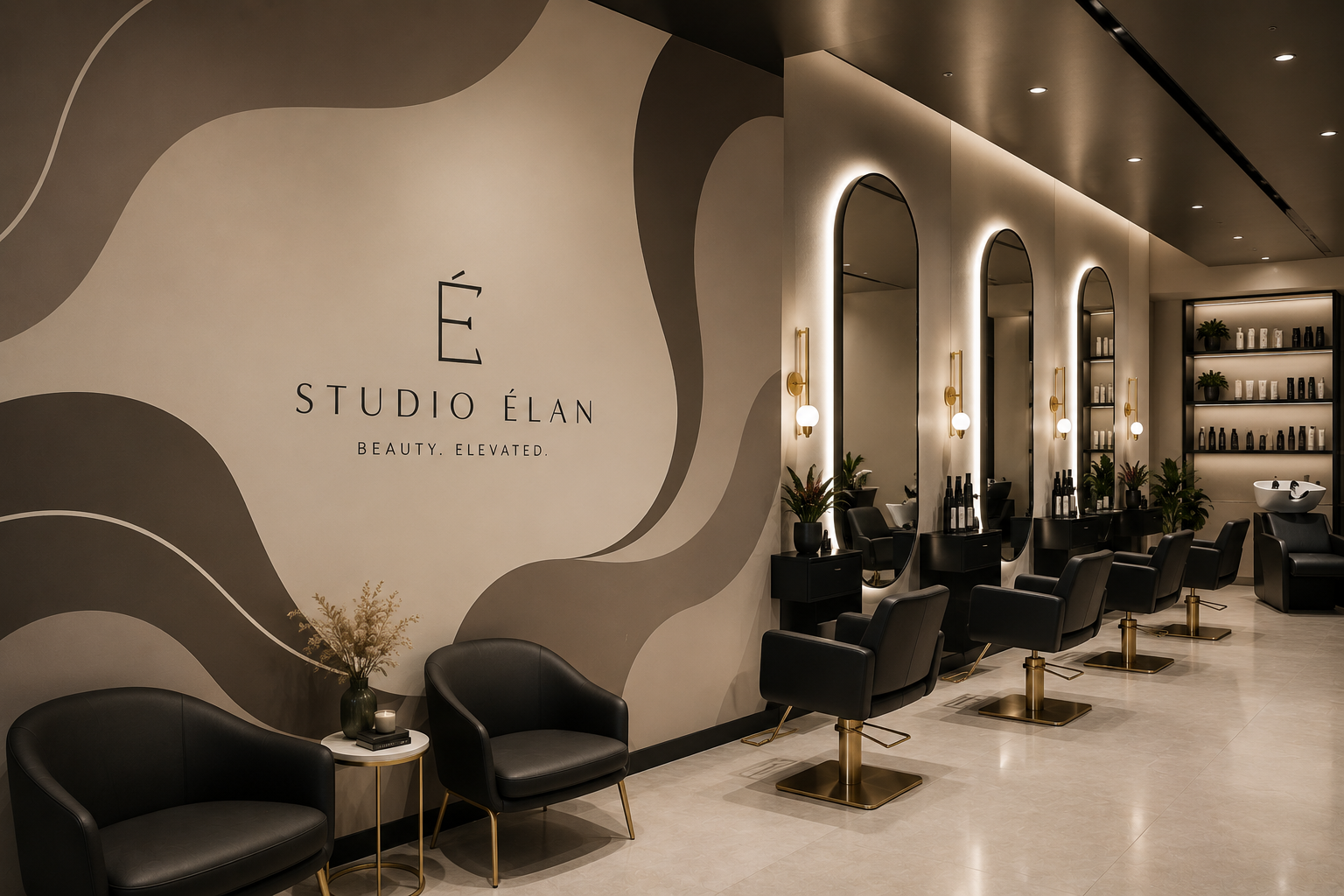 Salon interior with an elegant abstract wall wrap