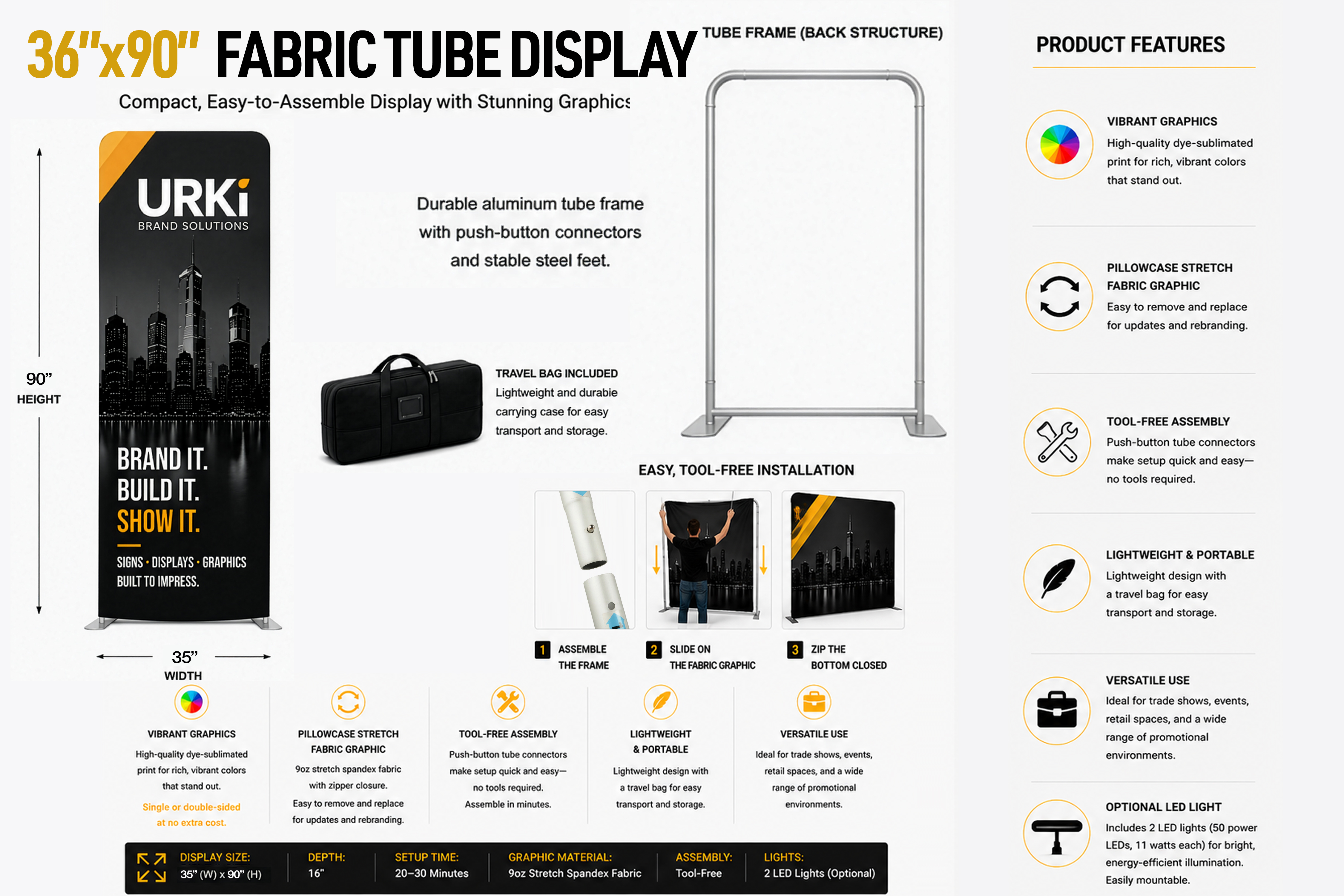36in x 90in fabric tube display, single tension-fabric panel