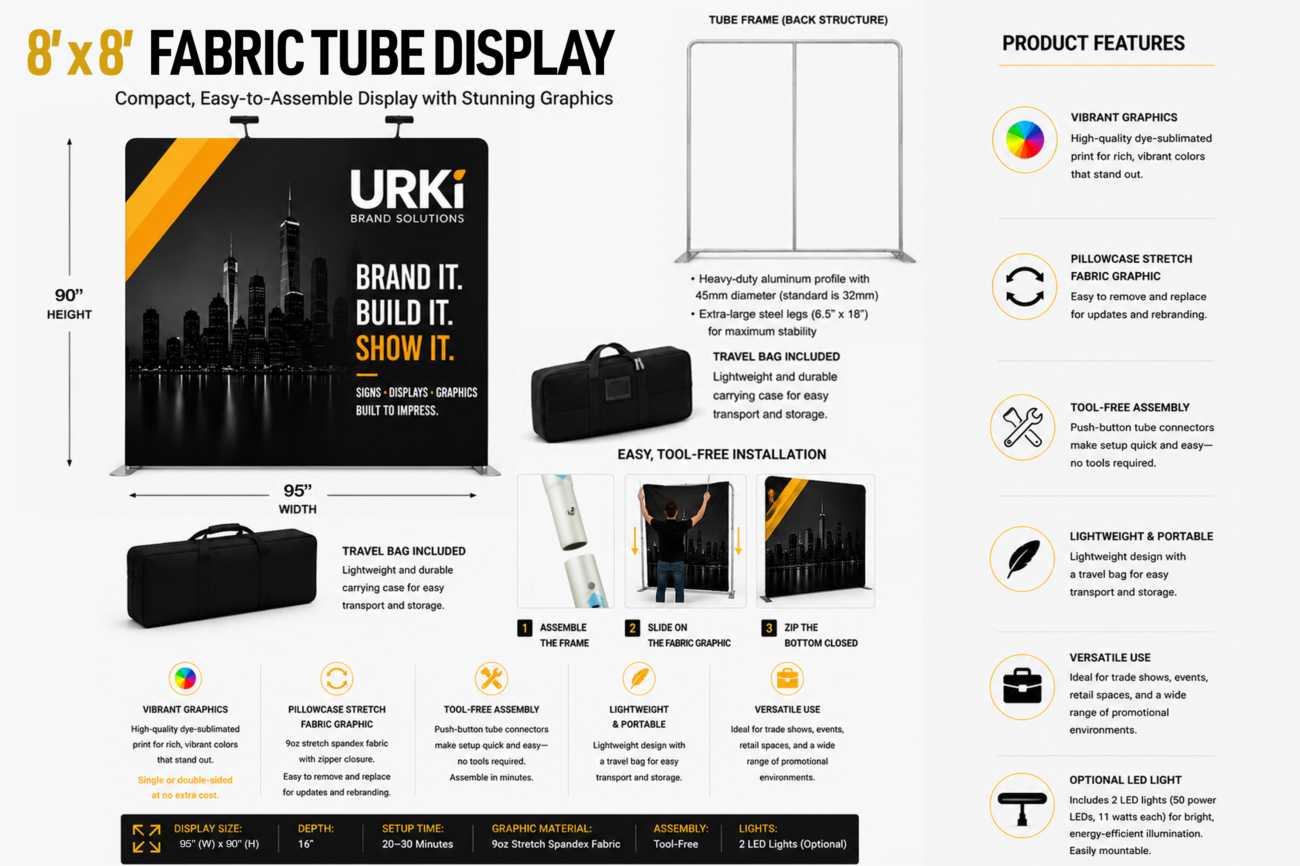 8ft x 8ft fabric tube display, tool-free tension-fabric backdrop