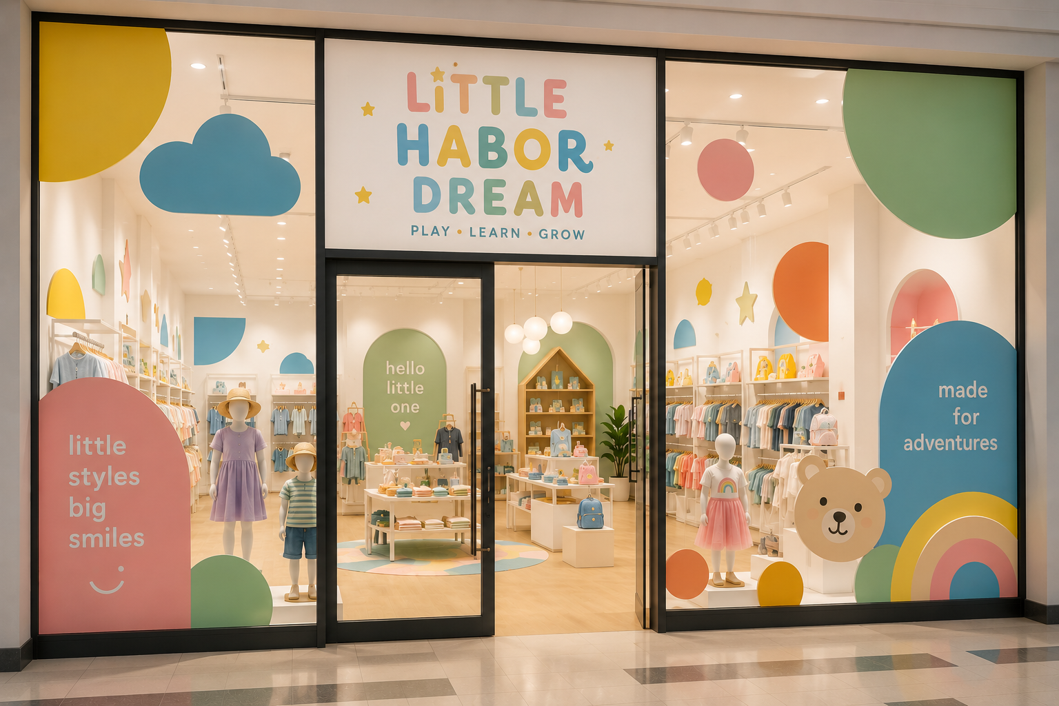 Children's retail storefront with geometric vinyl graphics