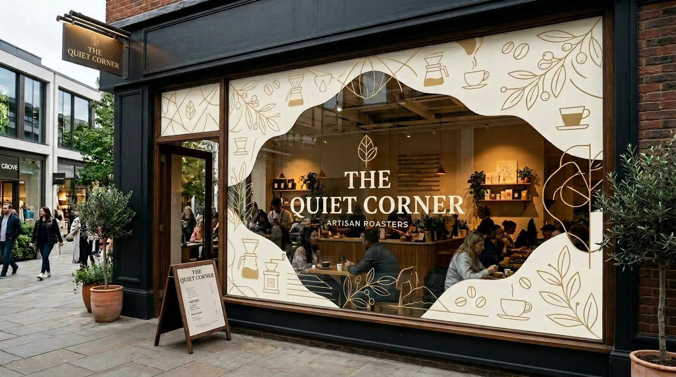 Coffee shop storefront with installed window vinyl and logo