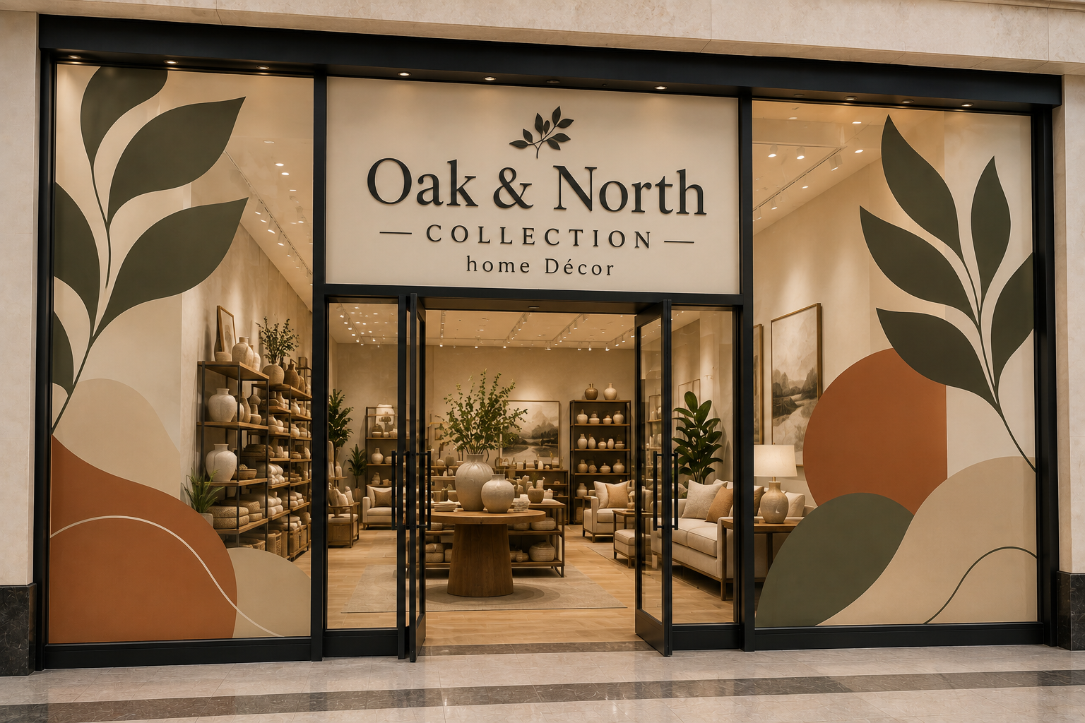 Home décor storefront with oversized abstract leaf graphics