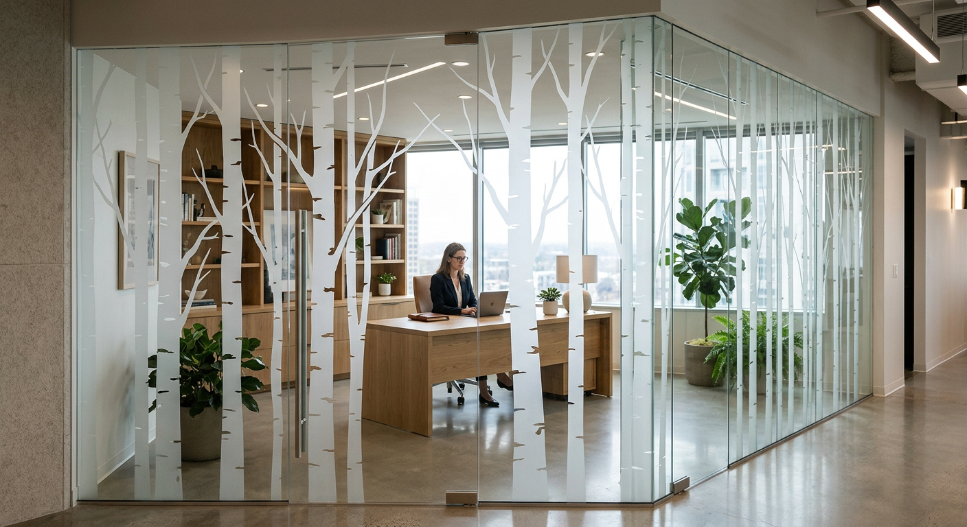 Glass partitions with a custom frosted birch tree design