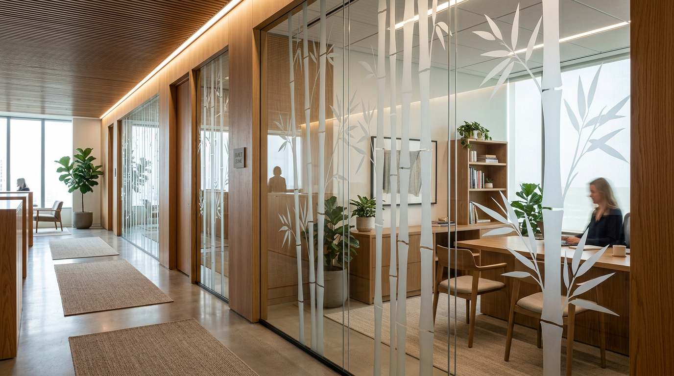 Frameless glass walls with flowing frosted botanical illustrations