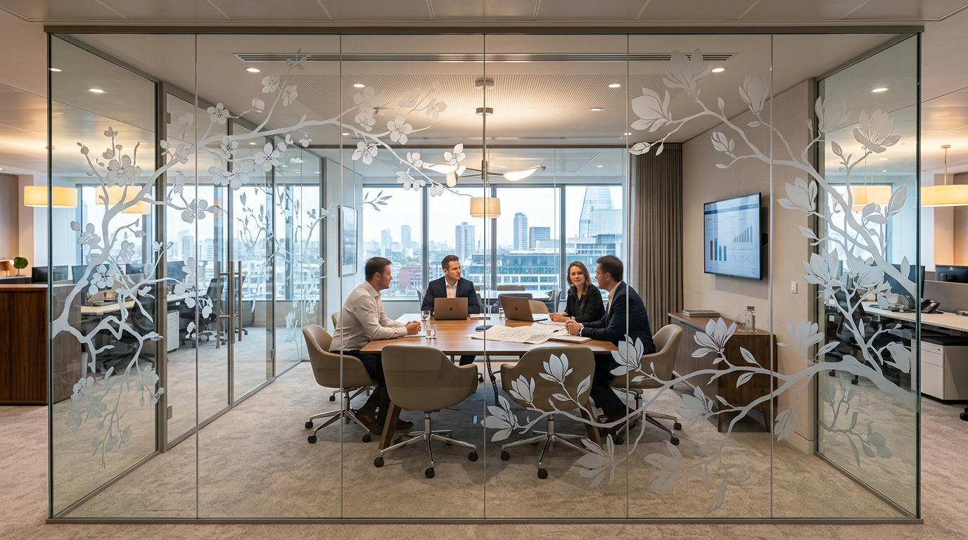 Meeting suite glass walls with frosted botanical branch graphics