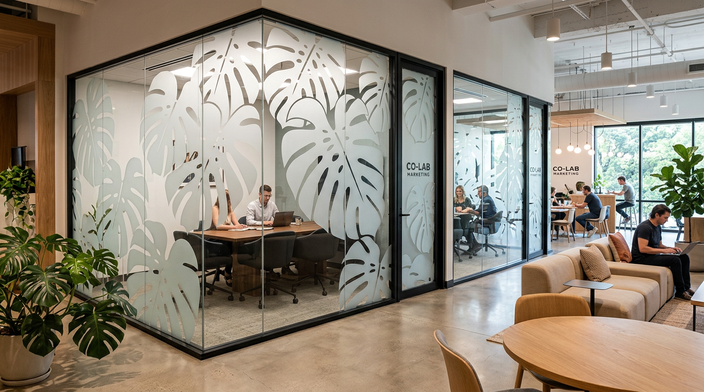 Glass meeting rooms with solid frosted monstera leaf graphics