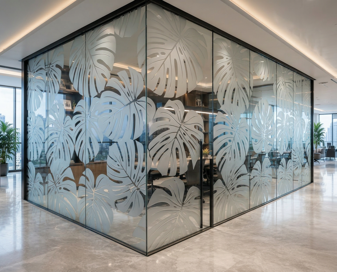 Architectural frosted vinyl with oversized die-cut monstera leaves