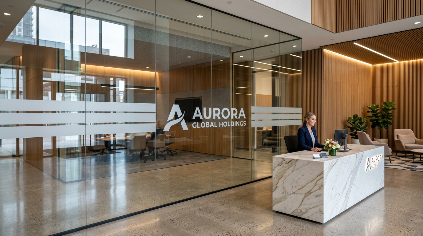Corporate reception glass wall with frosted vinyl logo and privacy bands