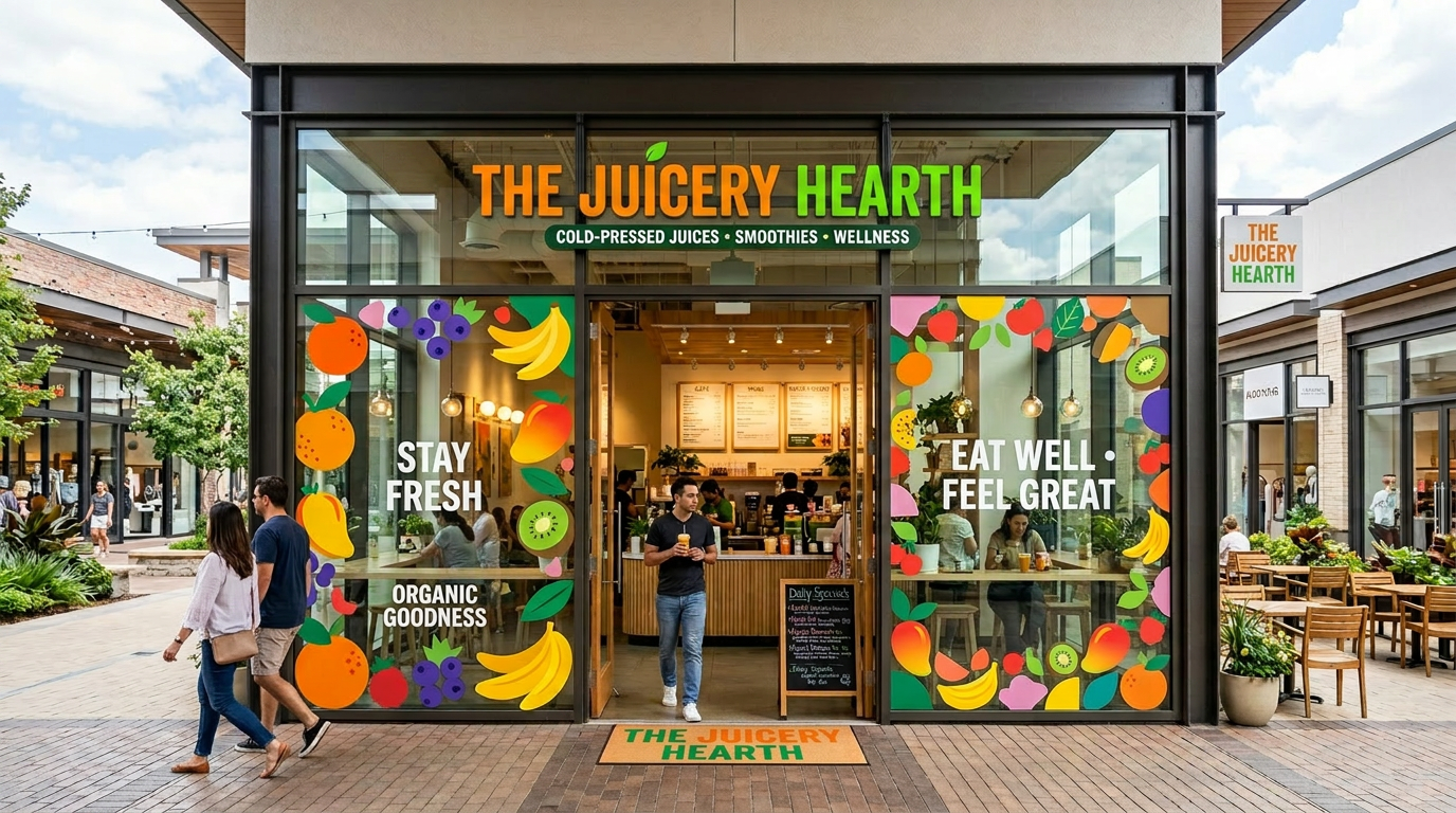 Juice bar storefront with playful fruit window graphics